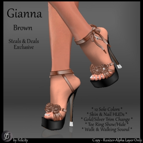 *Felicity* Gianna Stilettos in Brown Leather with 12 colors texture change sole. Shown with Cashmere sole and silver trim.