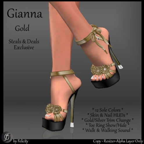 *Felicity* Gianna Stilettos in Gold Leather with 12 colors texture change sole. Shown with yellow sole option and silver trim.